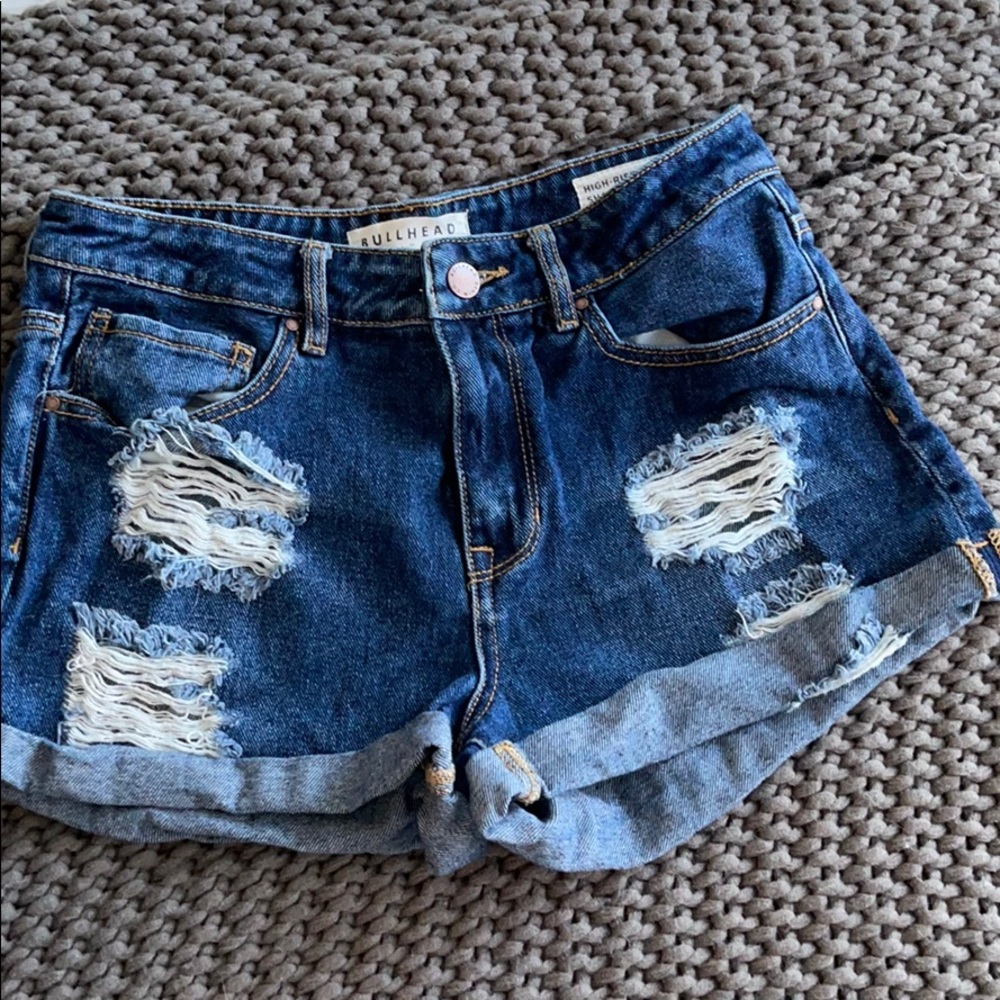 High rise distressed denim shorts